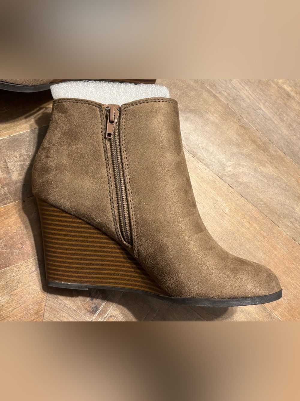 NEW IN BOX by Soda - Brown/Taupe Wedge Ankle Booties with Side Zipper - Picture 12 of 16